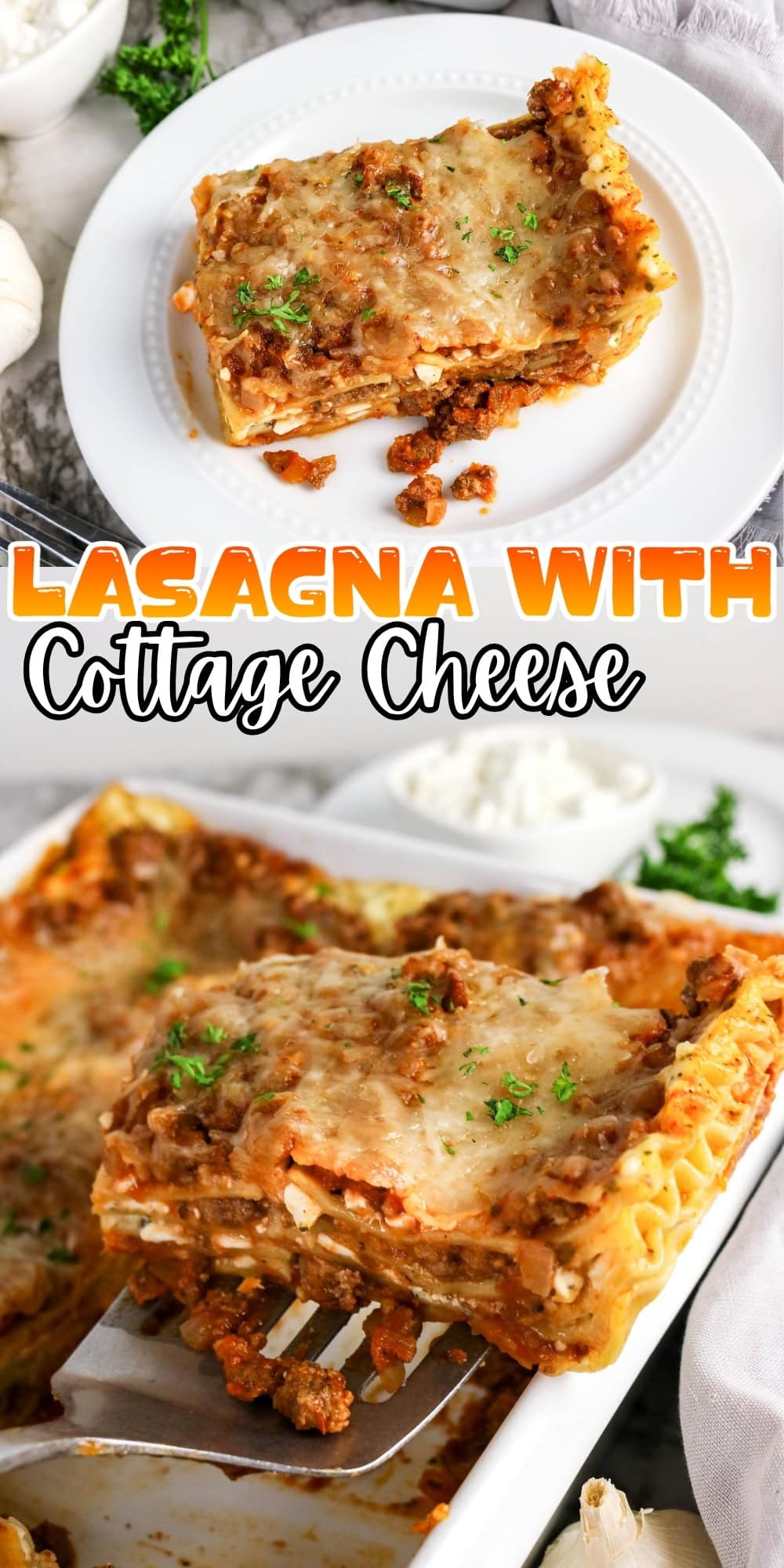 A slice of lasagna with cottage cheese on a white plate and baking dish.