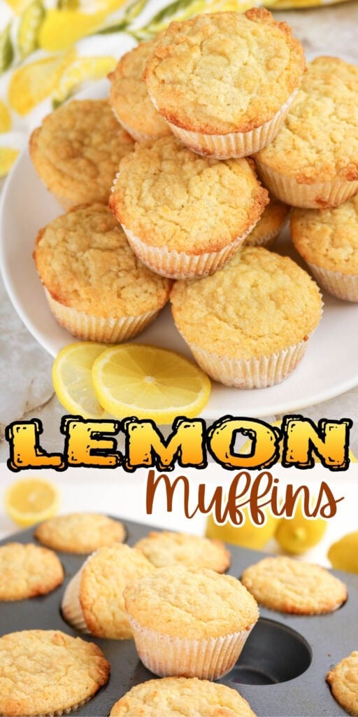 A plate and pan of golden lemon muffins with lemon slices beside them.