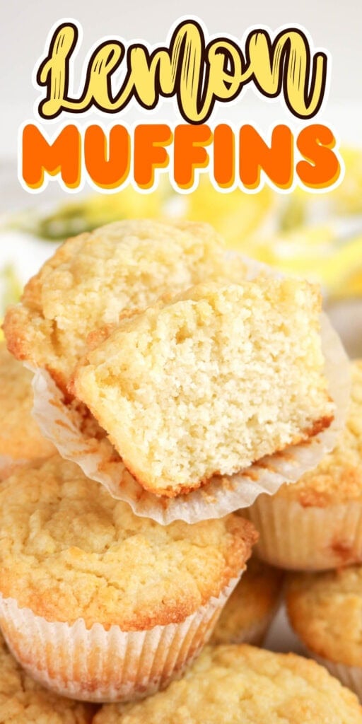A stack of lemon muffins, one broken in half.