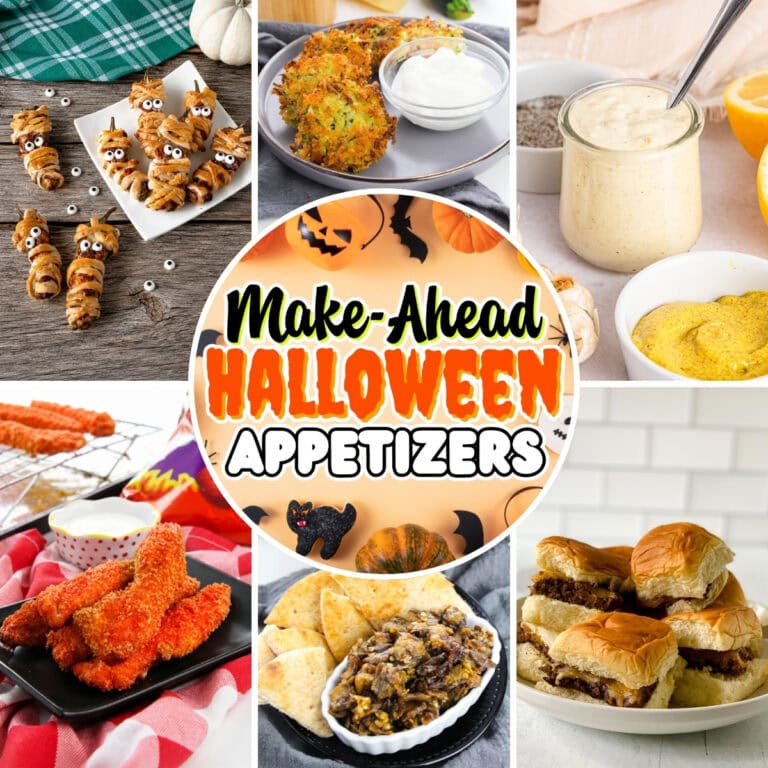 Halloween appetizers, dips, sliders, and snacks with festive decor.