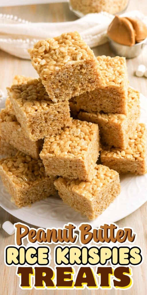 A plate of stacked peanut butter Rice Krispies treats on a white table.