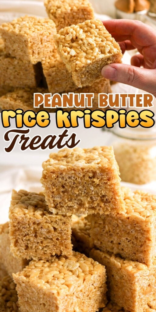 Hand holding a peanut butter Rice Krispies treat above a stack of more treats.