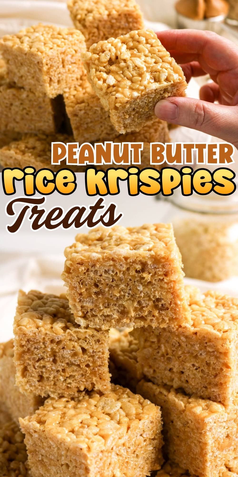 Hand holding a peanut butter Rice Krispies treat above a stack of more treats.