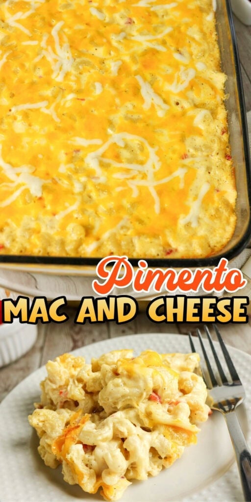 A casserole dish and a plate of cheesy pimento macaroni and cheese with a fork.