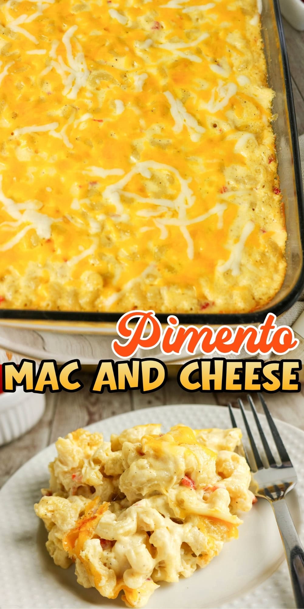 A casserole dish and a plate of cheesy pimento macaroni and cheese with a fork.