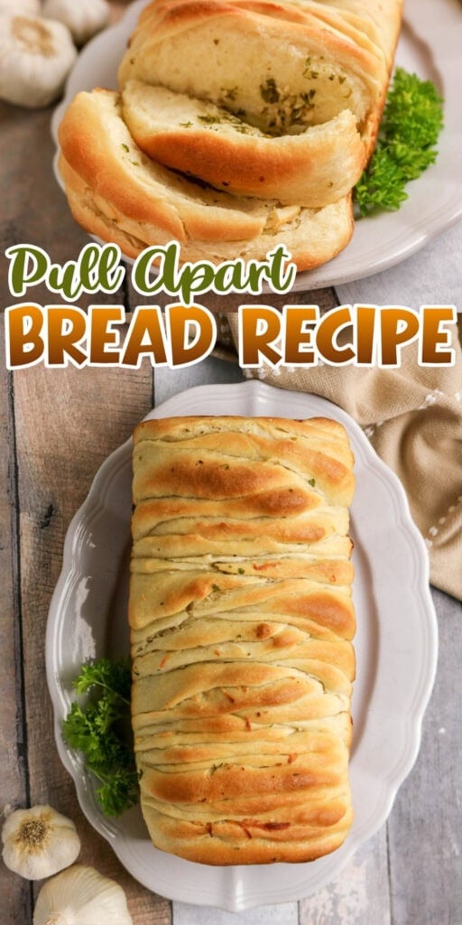 Sliced pull apart bread loaf on a white plate, garnished with parsley.