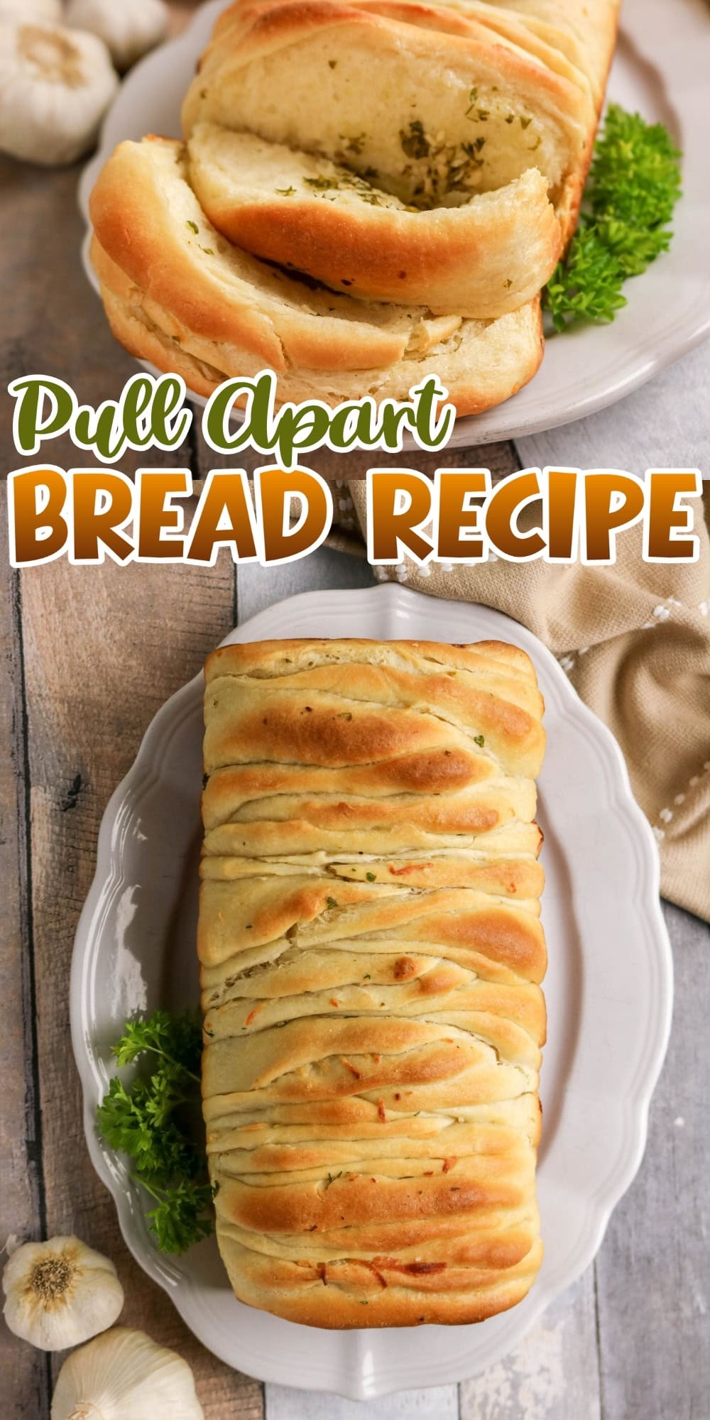 Sliced pull apart bread loaf on a white plate, garnished with parsley.