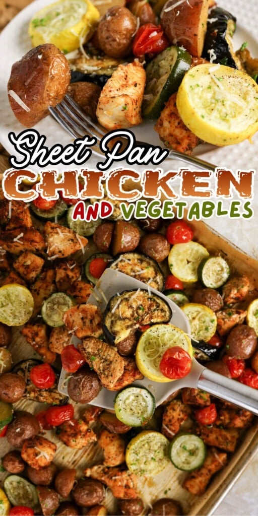 Baked chicken, potatoes, zucchini, and tomatoes on a sheet pan with herbs.