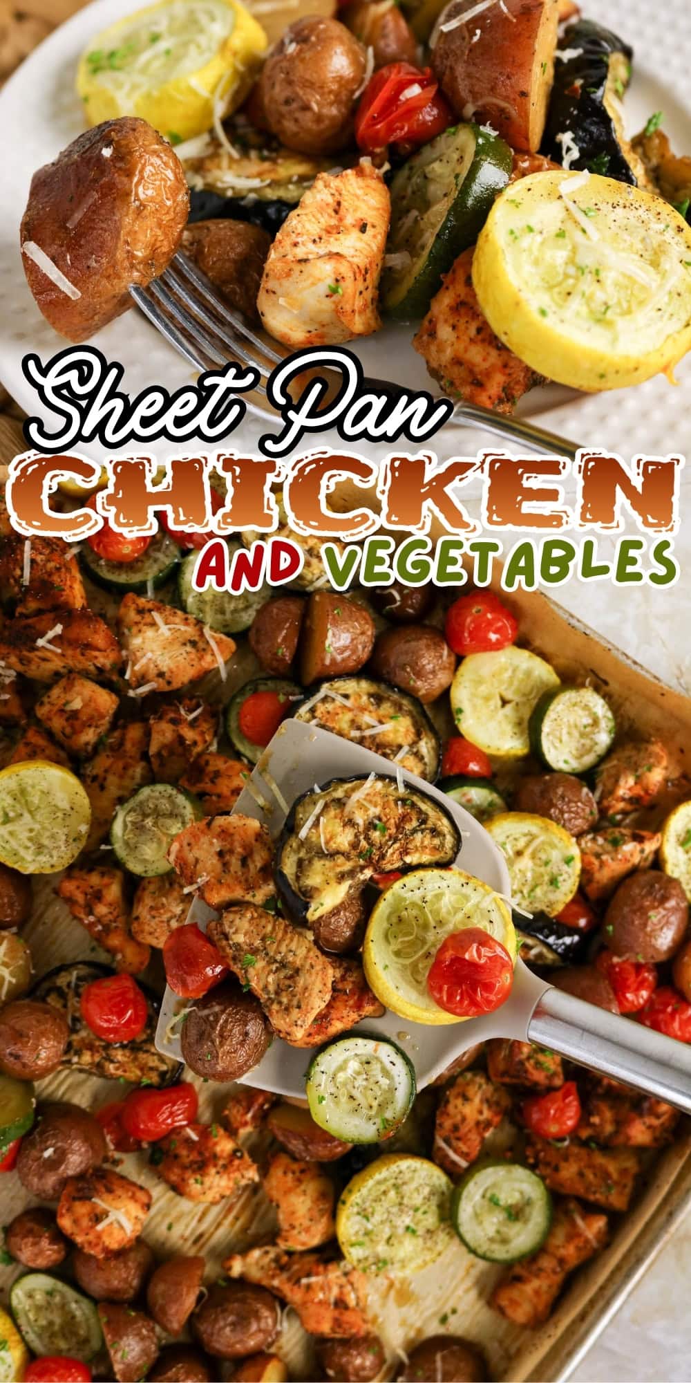 Baked chicken, potatoes, zucchini, and tomatoes on a sheet pan with herbs.