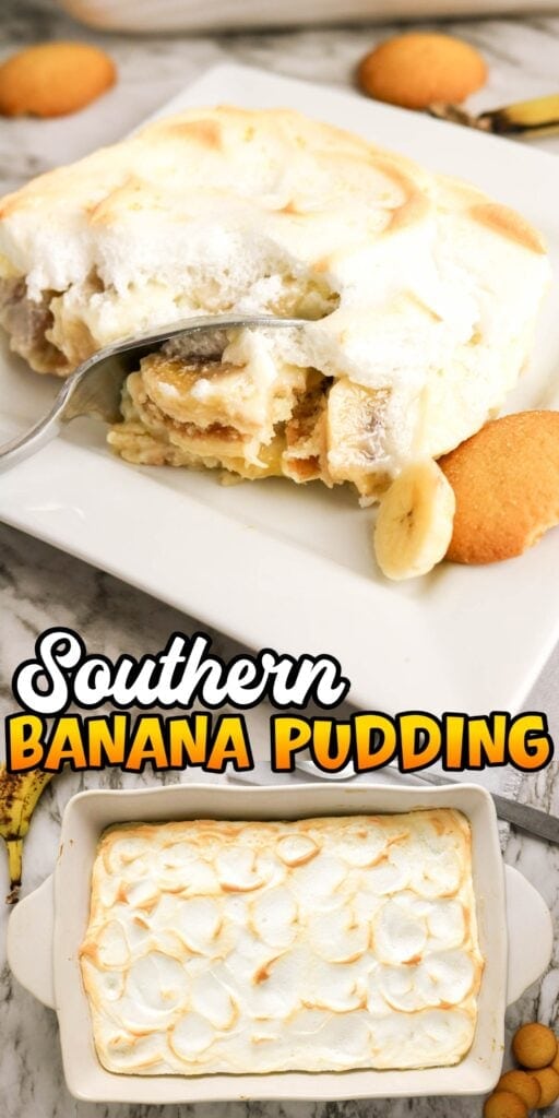 A fork cutting into creamy banana pudding with vanilla wafers on a white plate.