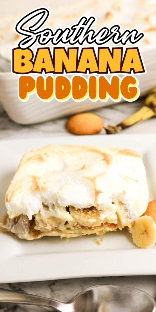A slice of Southern banana pudding on a white plate with banana slices.