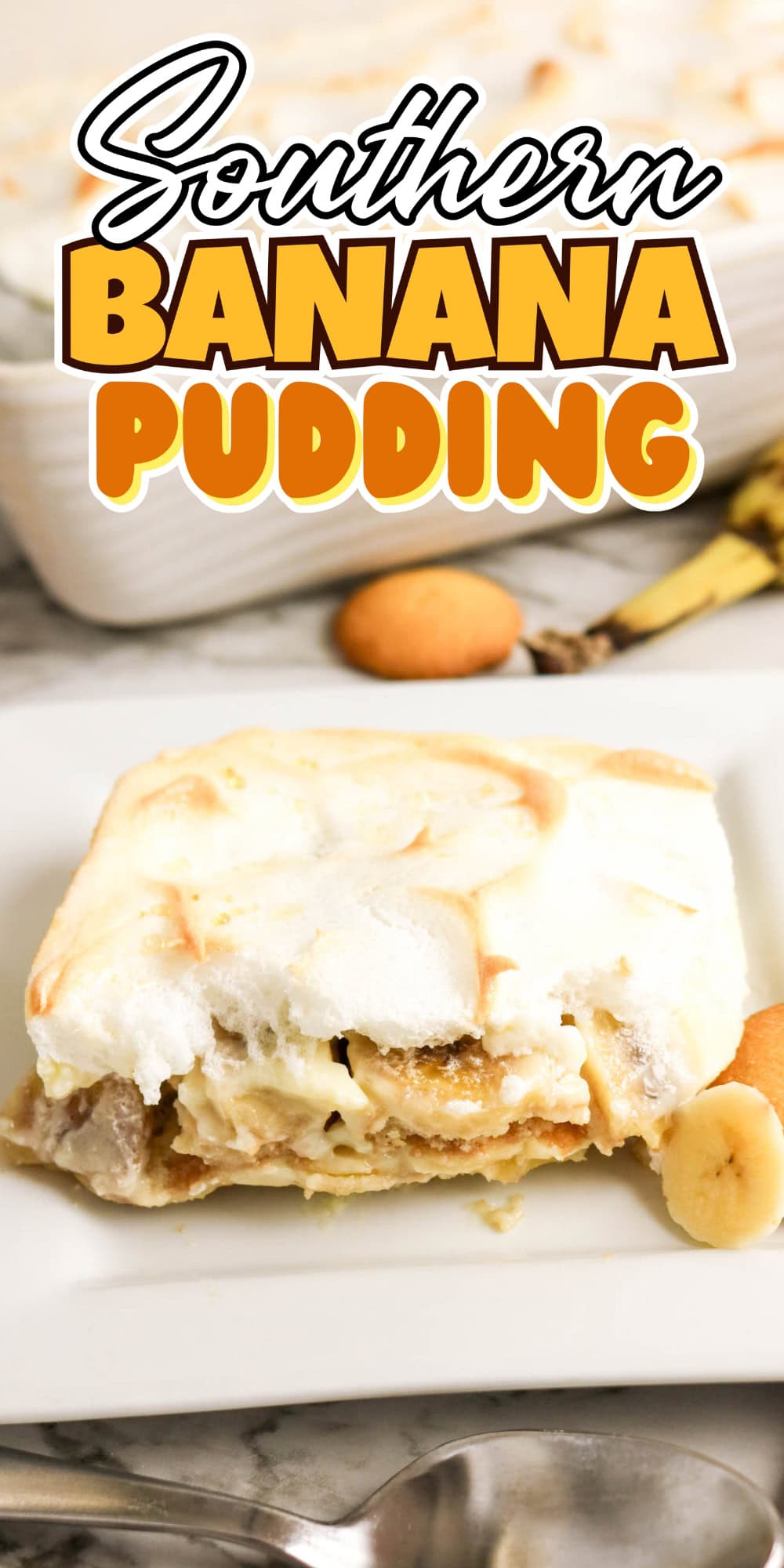 A slice of Southern banana pudding on a white plate with banana slices.
