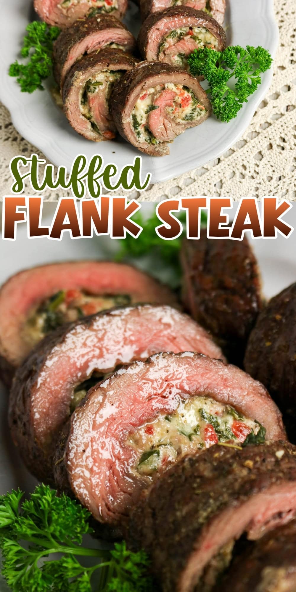 Sliced stuffed flank steak with herbs on a white plate, garnished with parsley.