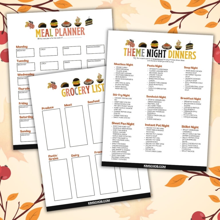 Three printable meal planning and grocery list sheets with autumn-themed icons.