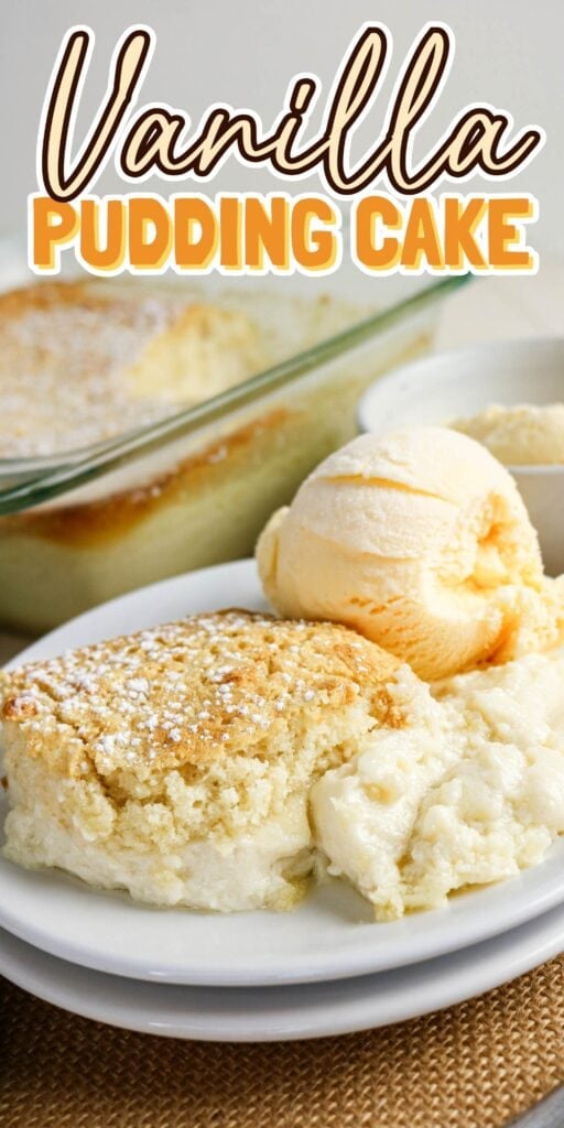 Vanilla pudding cake served with a scoop of vanilla ice cream on a white plate.