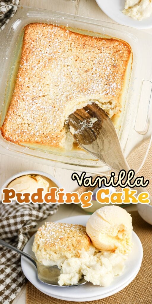 Vanilla pudding cake in a dish with a wooden spatula and a scoop of ice cream.