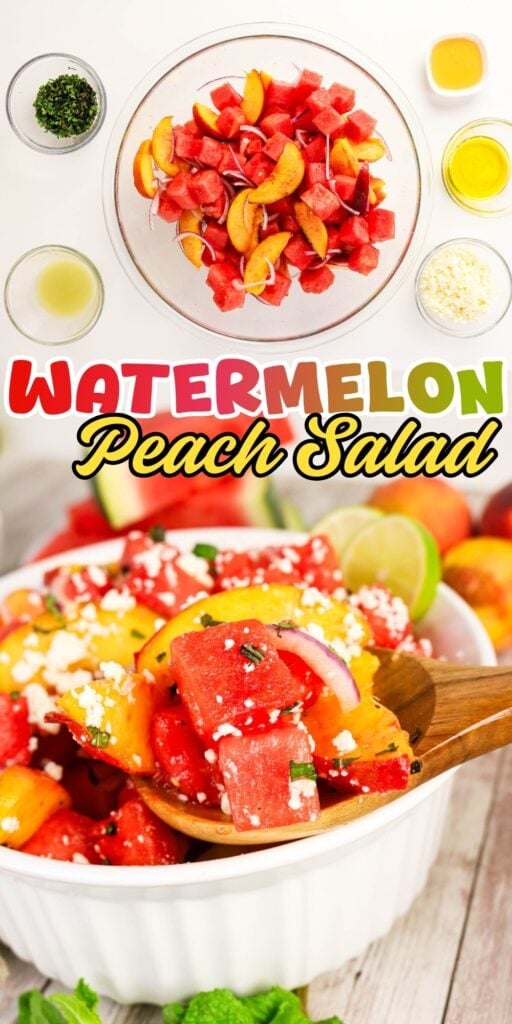 Bowl of watermelon peach salad with herbs, cheese, and lime on the side.