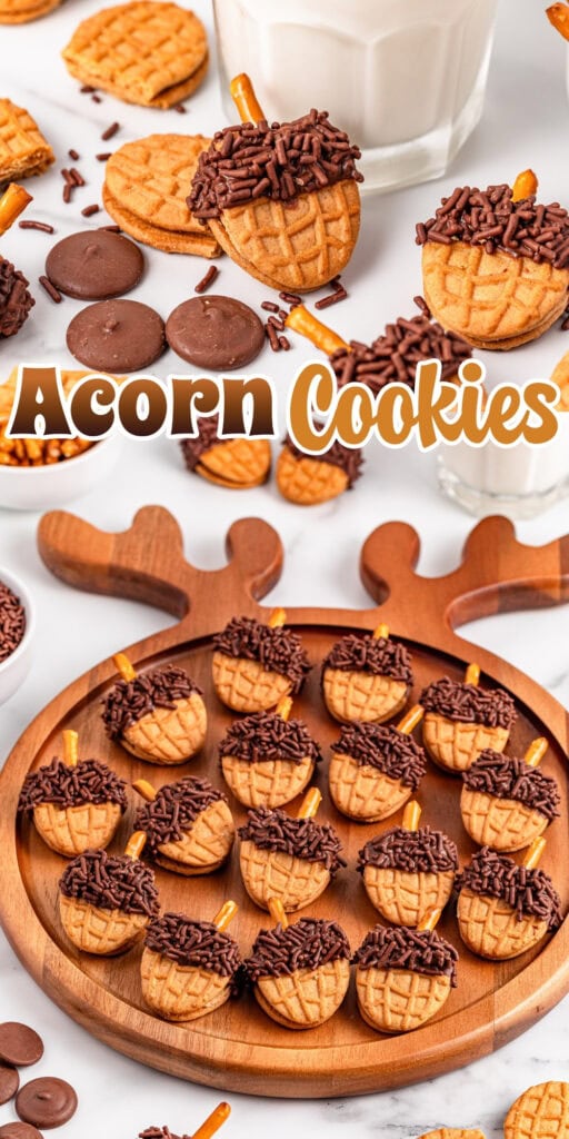 Acorn-shaped cookies with chocolate, sprinkles, and pretzel stems on a platter.