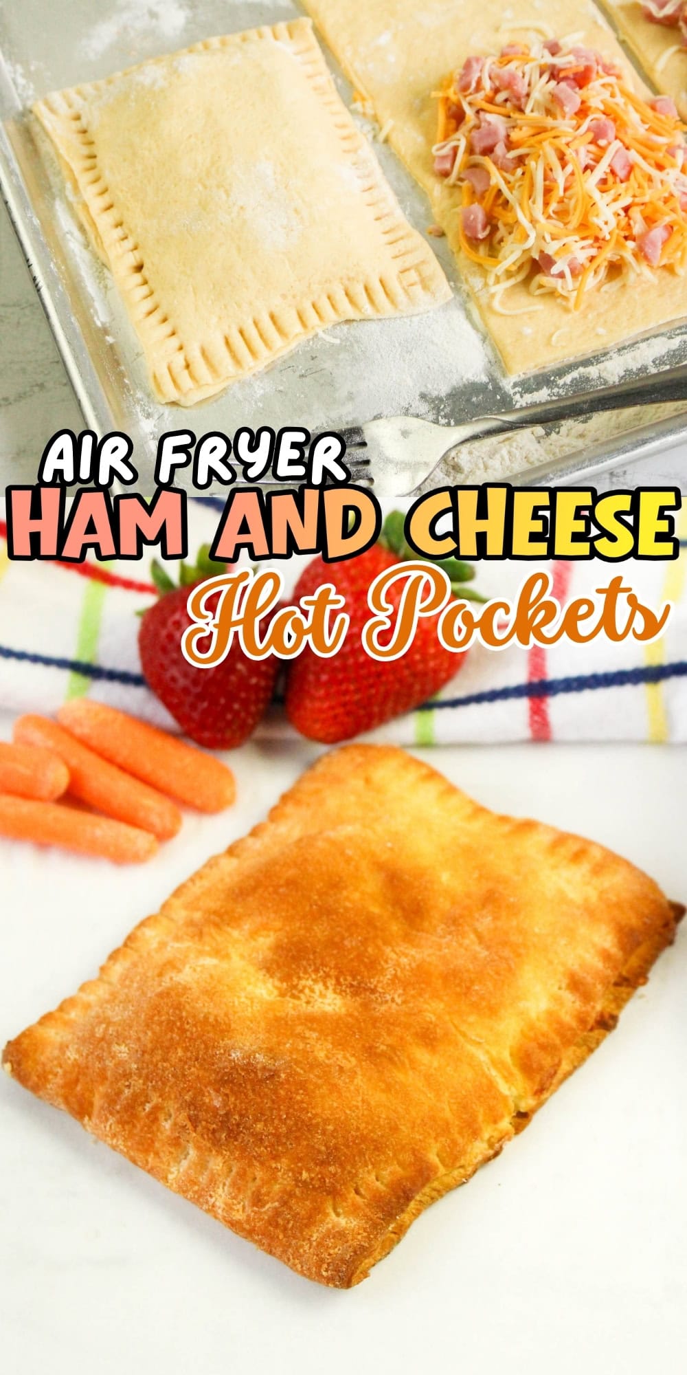 Golden ham and cheese hot pocket with strawberries and carrots on the side.