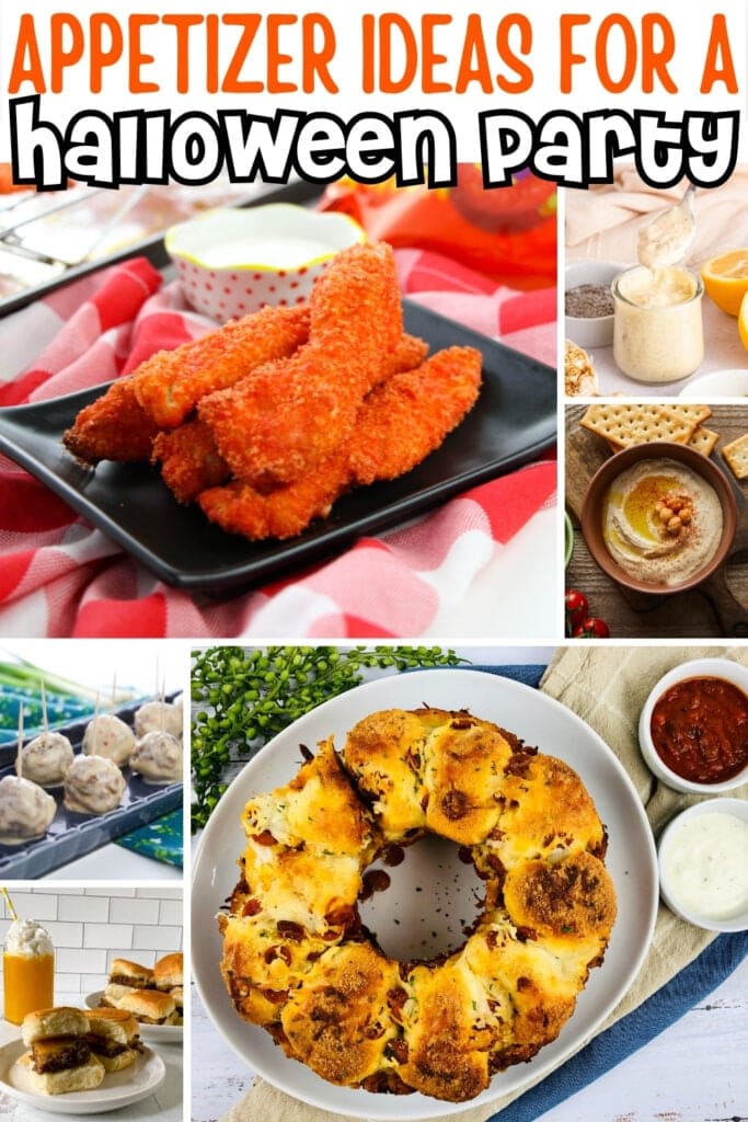 Five Halloween appetizers, including chicken strips and a pull-apart bread ring.