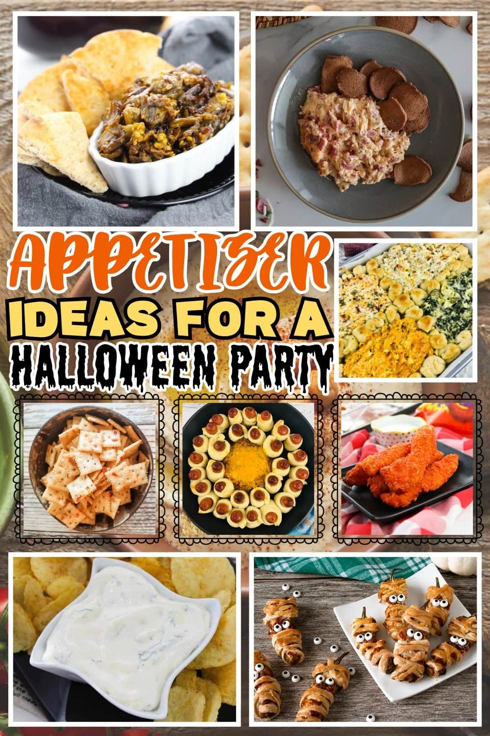 Appetizers: dips, stuffed eggs, crackers, wings, and mummy snacks.