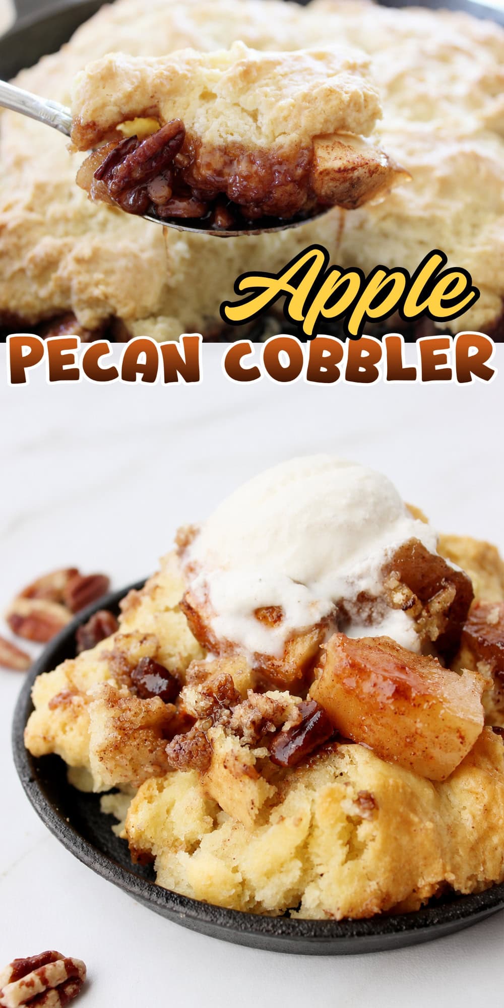 Spoonful and plate of apple pecan cobbler with ice cream on top.