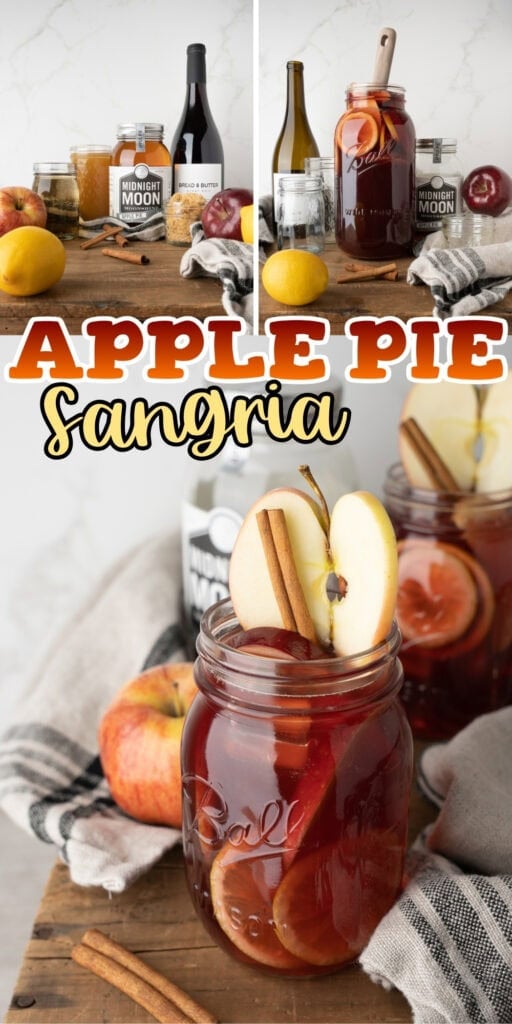 A mason jar of apple pie sangria with apple slices and cinnamon sticks.