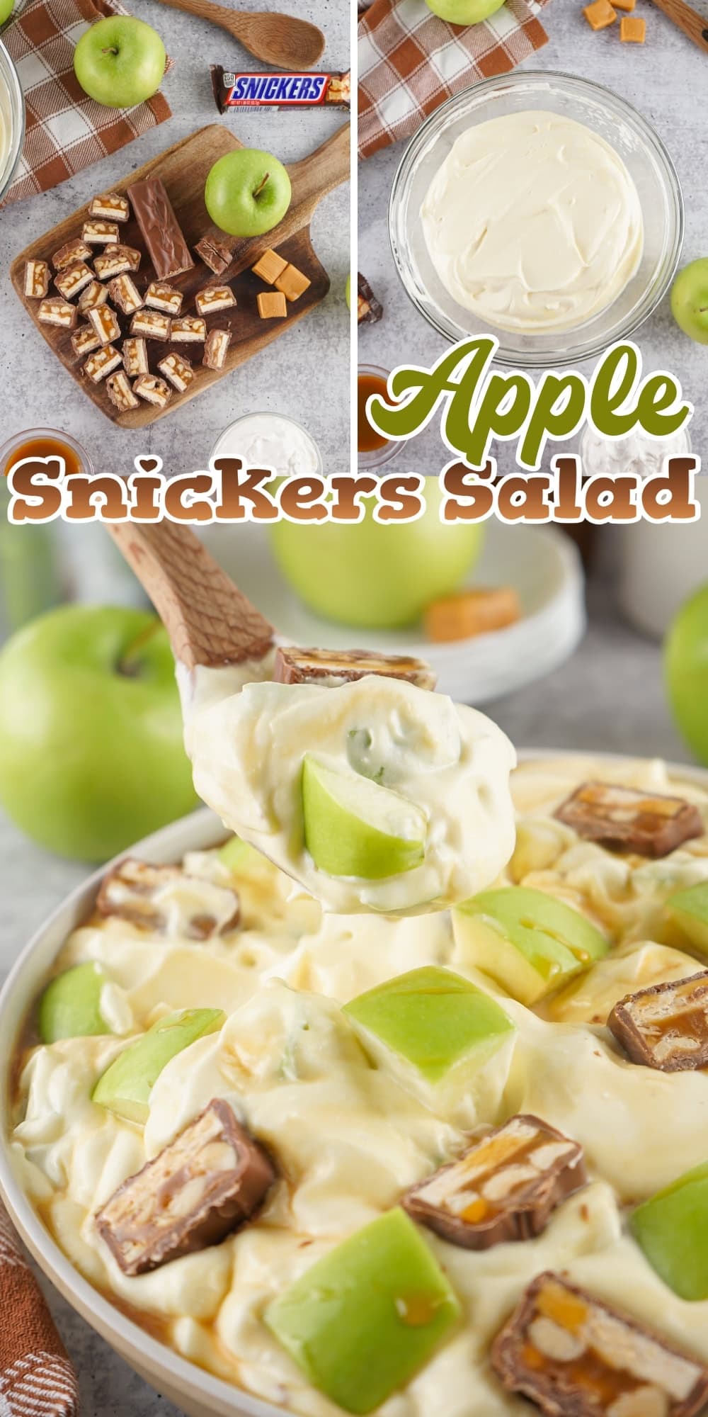Apple Snickers salad with green apples, Snickers chunks, and creamy dressing.