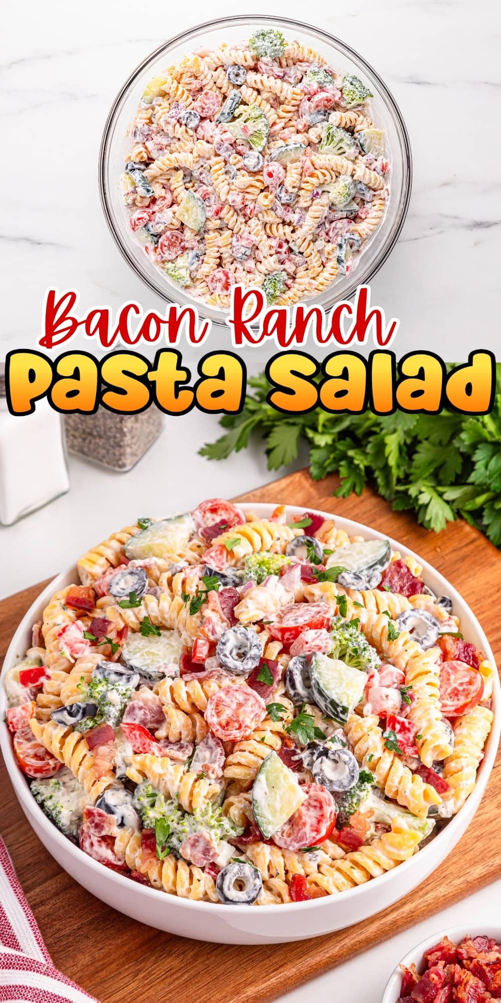 Bowl of bacon ranch pasta salad with veggies, olives, and creamy dressing.
