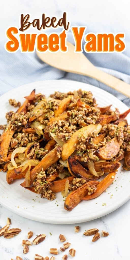 Plate of baked sweet yams topped with chopped pecans and onions.