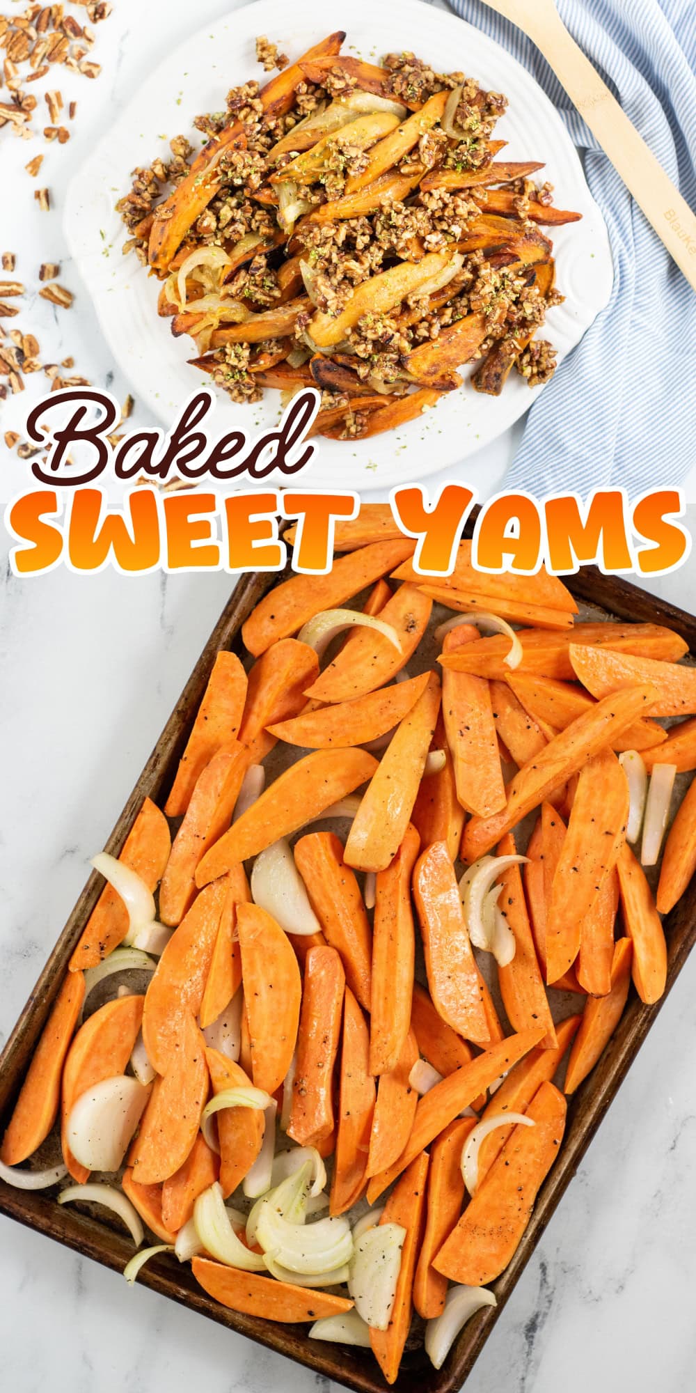 Sheet pan with sliced sweet yams and onions, plus a plate of baked yams.