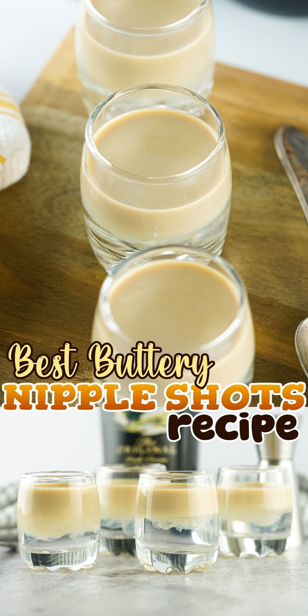 Four creamy shots in short glasses on a wooden board.