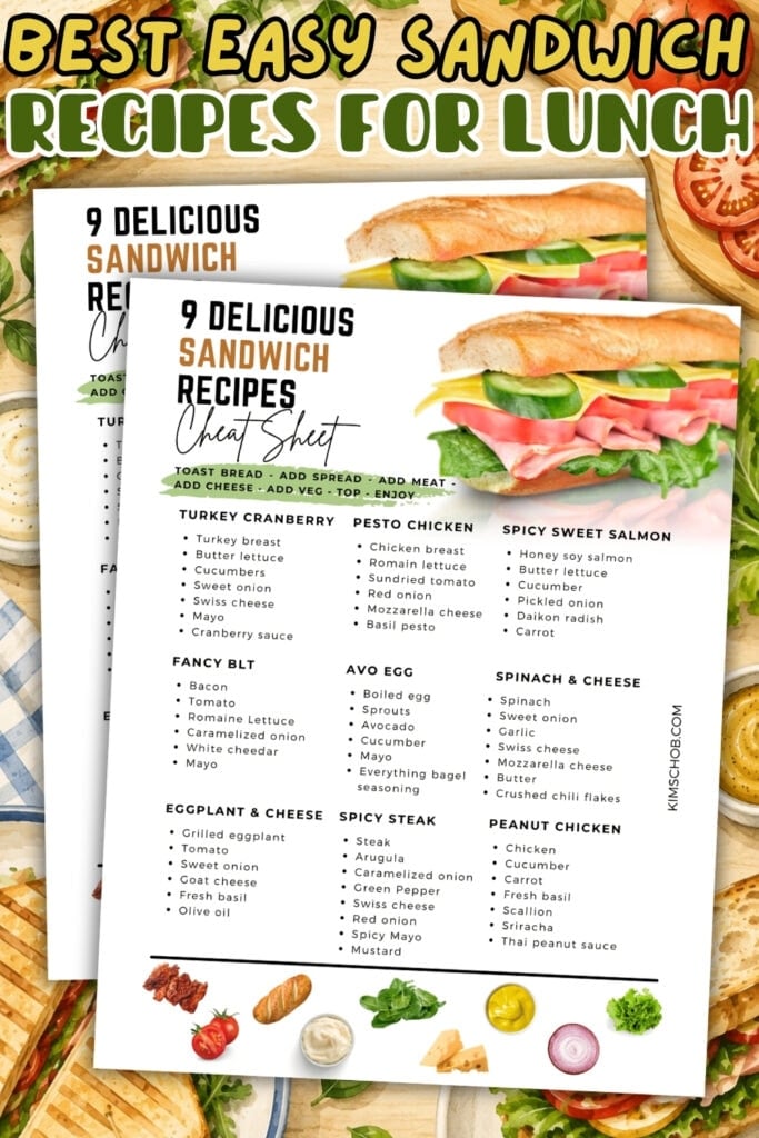 Two sandwich recipe sheets with colorful lunch ingredients around the edges.