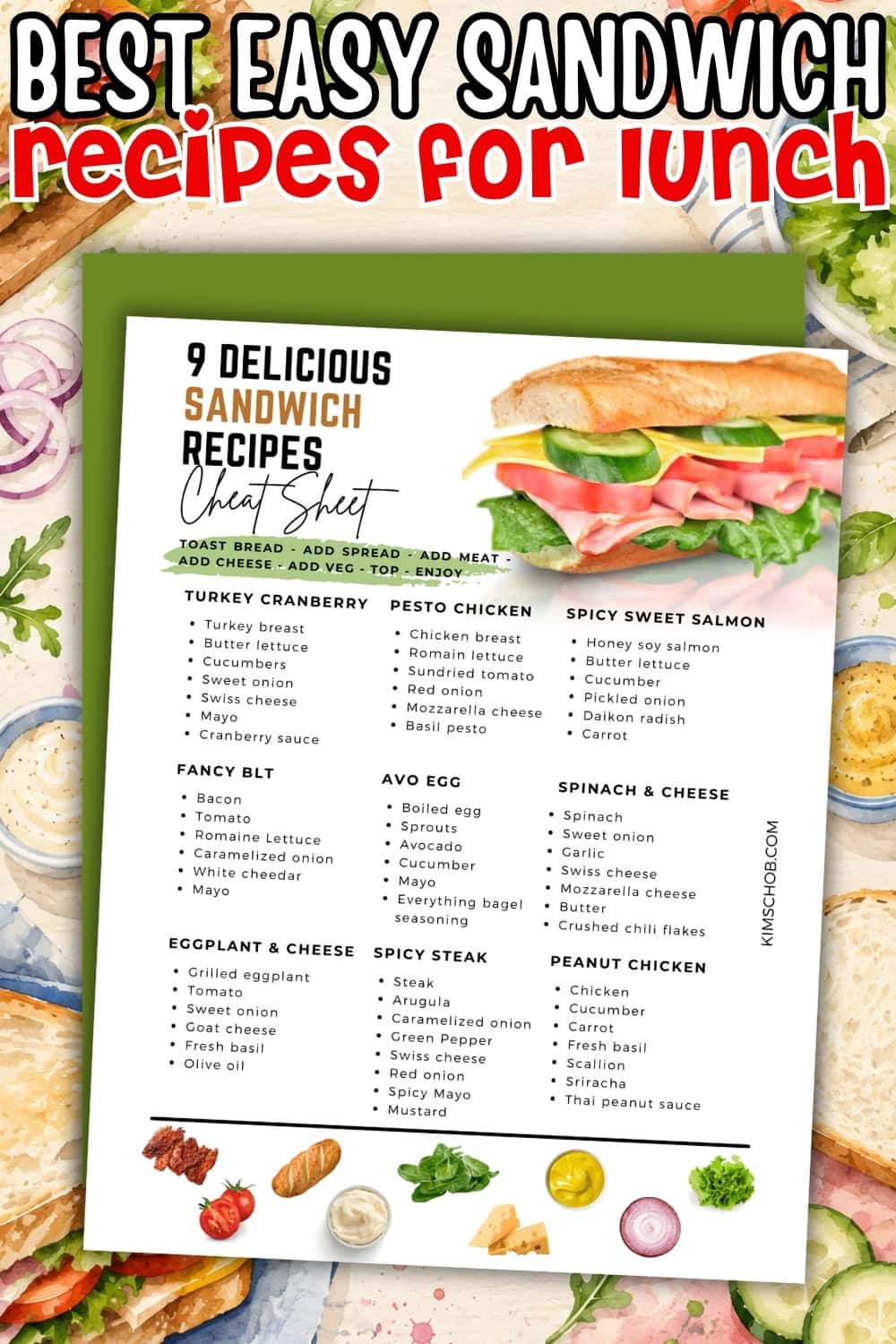 Sandwich recipe list on a white sheet surrounded by sandwich ingredients.