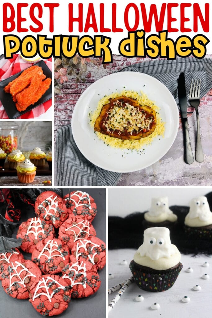 Top Halloween potluck dishes: cupcakes, cookies, meatloaf, wings, ghost treats.