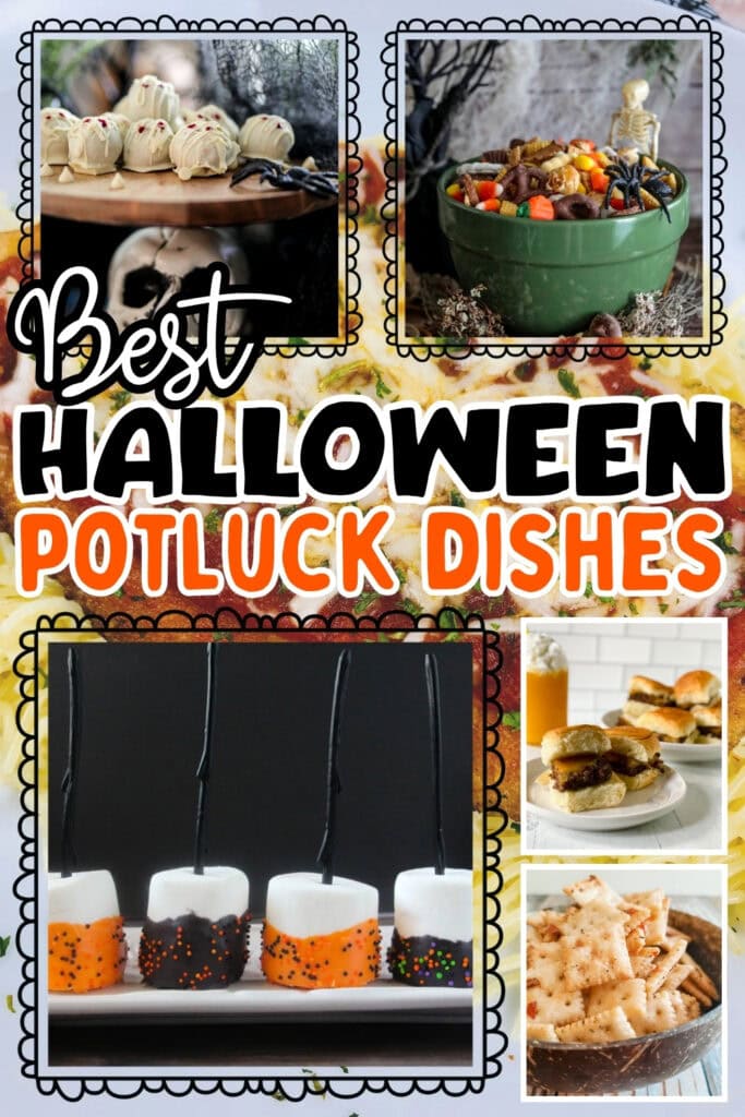 Halloween-themed potluck dishes like snacks, sliders, and desserts.