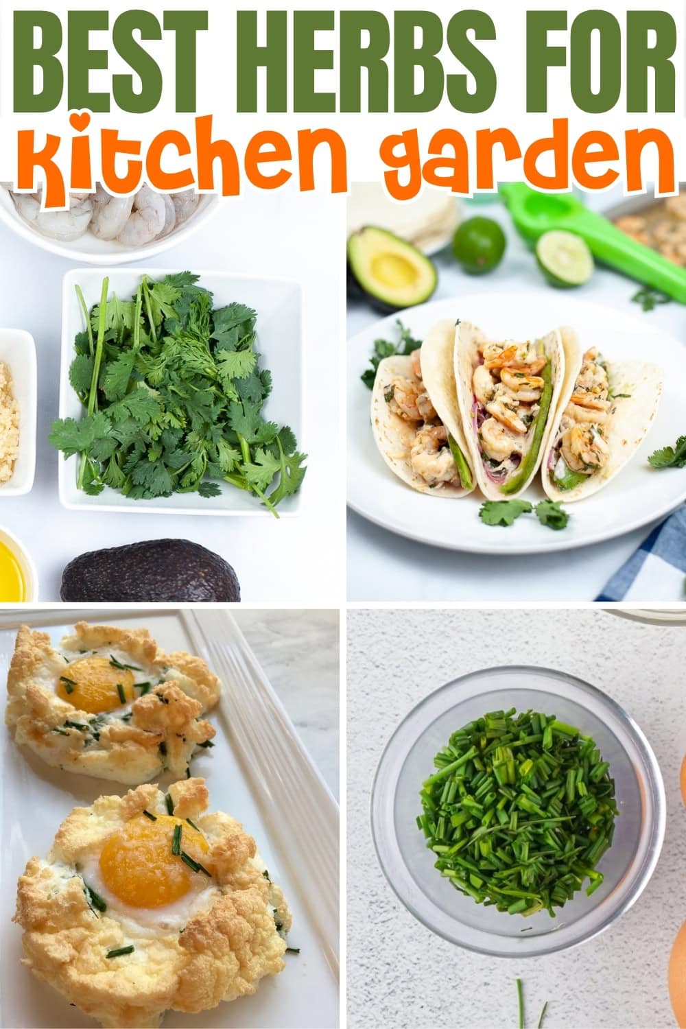 Herbs, tacos, egg dish, and fresh chopped herbs in bowls and plates.
