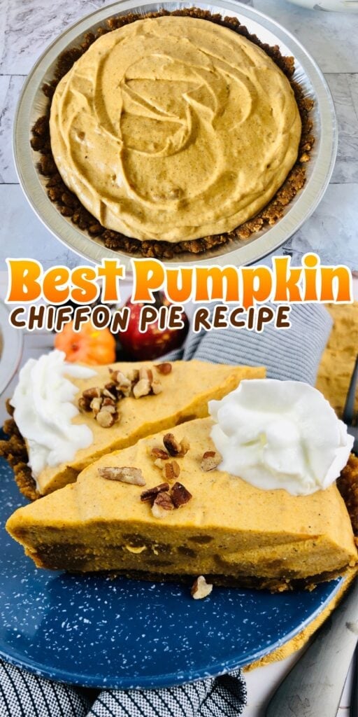 Pumpkin chiffon pie with whipped cream and pecans on blue and white plates.