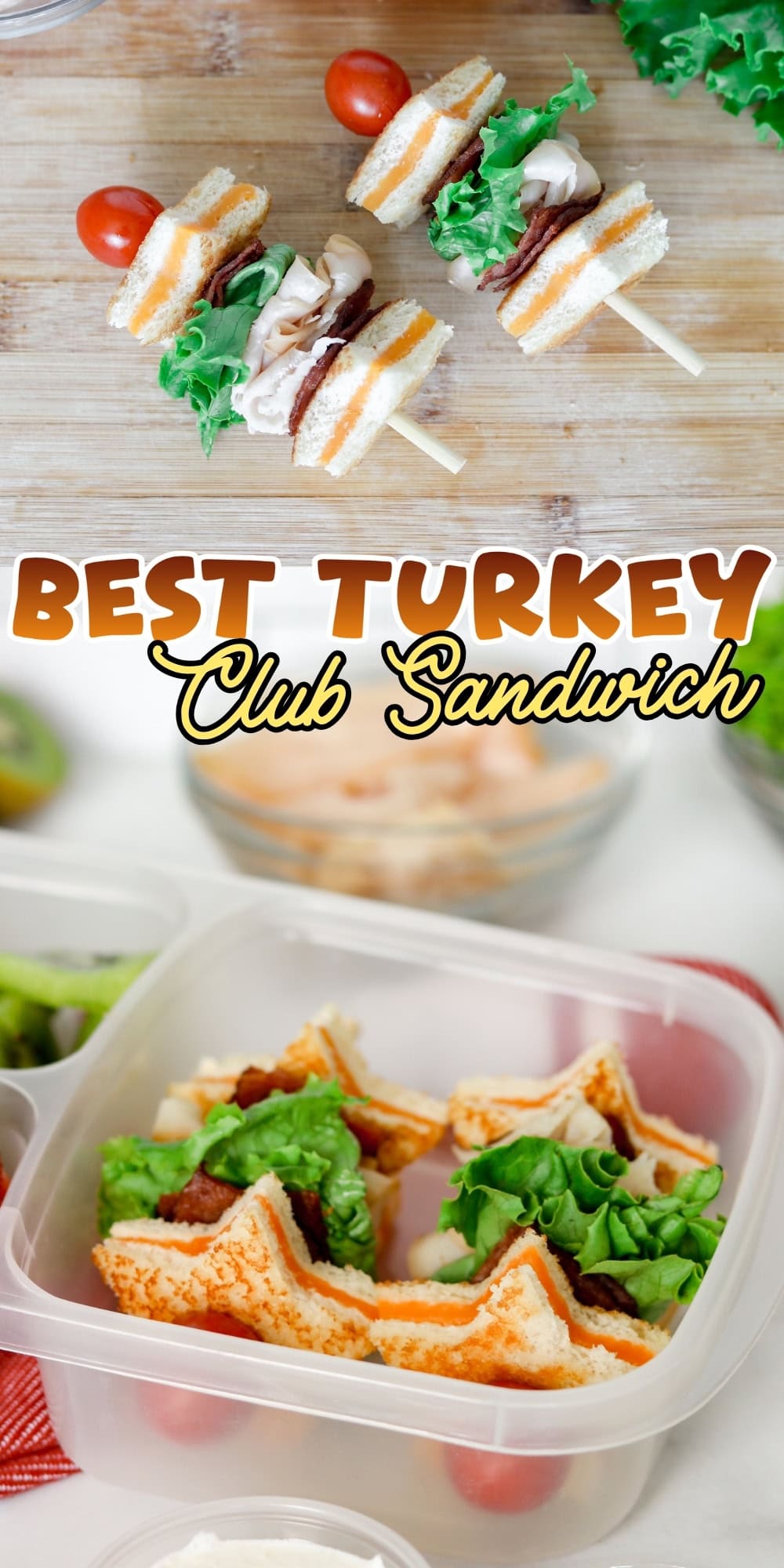Mini turkey club sandwich skewers and star-shaped sandwiches in a lunchbox.