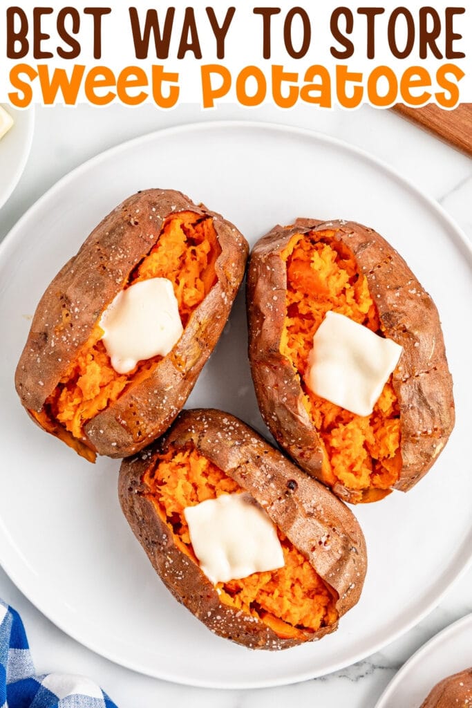 Three baked sweet potatoes with butter on a white plate.