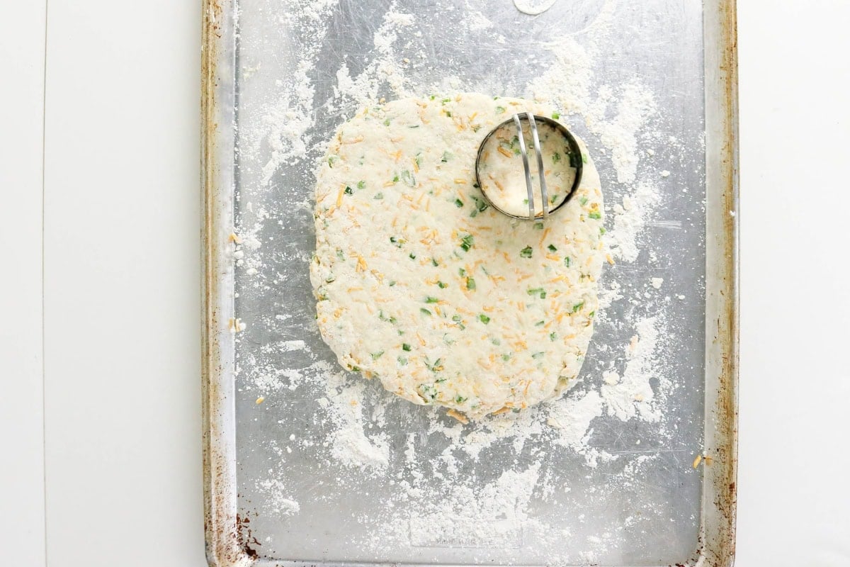 Biscuit dough with herbs on a floured baking sheet, round cutter on top.