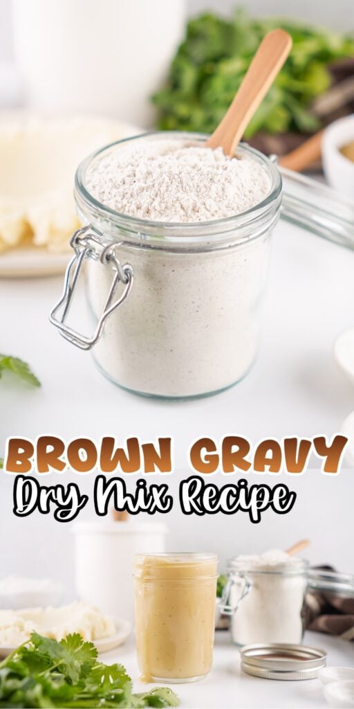 Jar of brown gravy mix with herbs, spoon, and finished gravy in a glass jar.