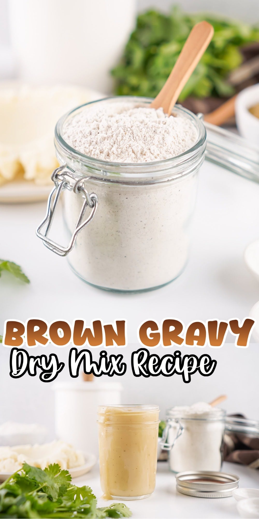 Jar of brown gravy mix with herbs, spoon, and finished gravy in a glass jar.