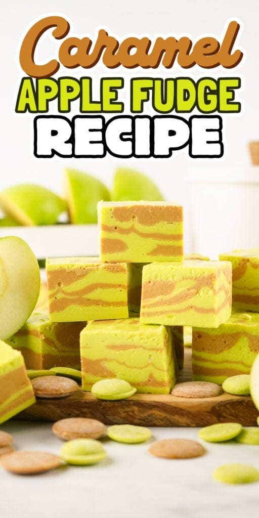 Green and caramel fudge squares with apples and caramel candies around them.