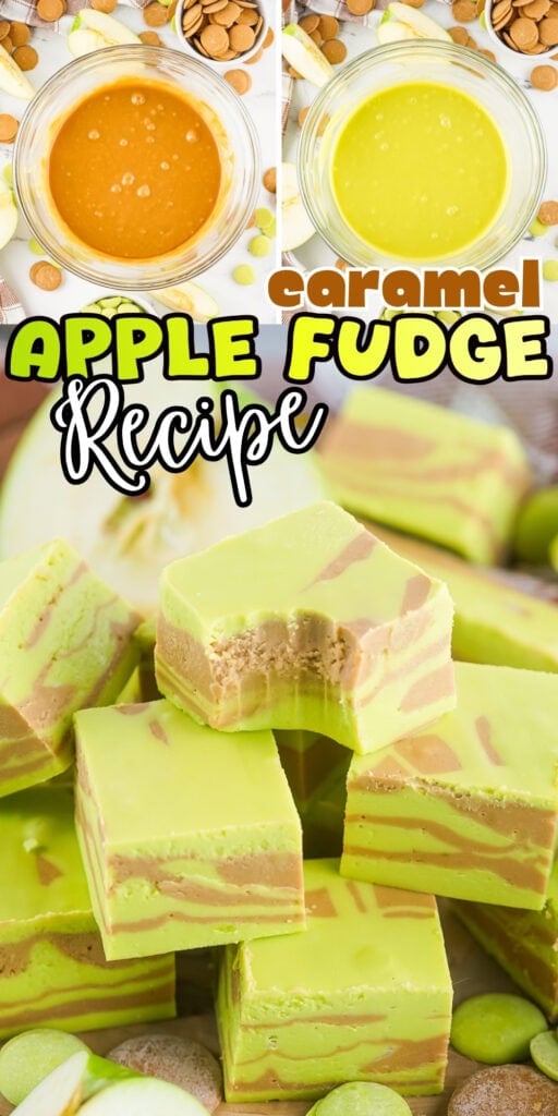 Caramel apple fudge squares with green and caramel swirls, some with bites.