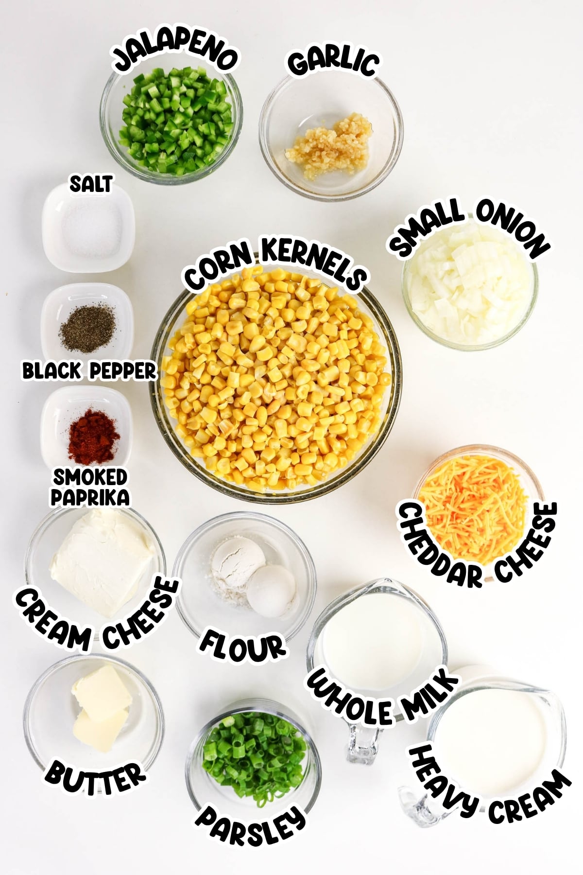 Ingredients for corn dip: corn, cheeses, milk, cream, spices, and vegetables.