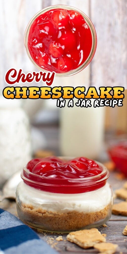 Cherry cheesecake in a jar topped with cherry sauce, graham crackers nearby.
