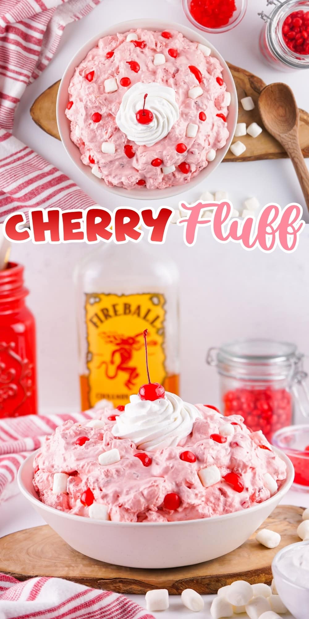 Bowl of pink cherry fluff salad topped with whipped cream and a cherry.
