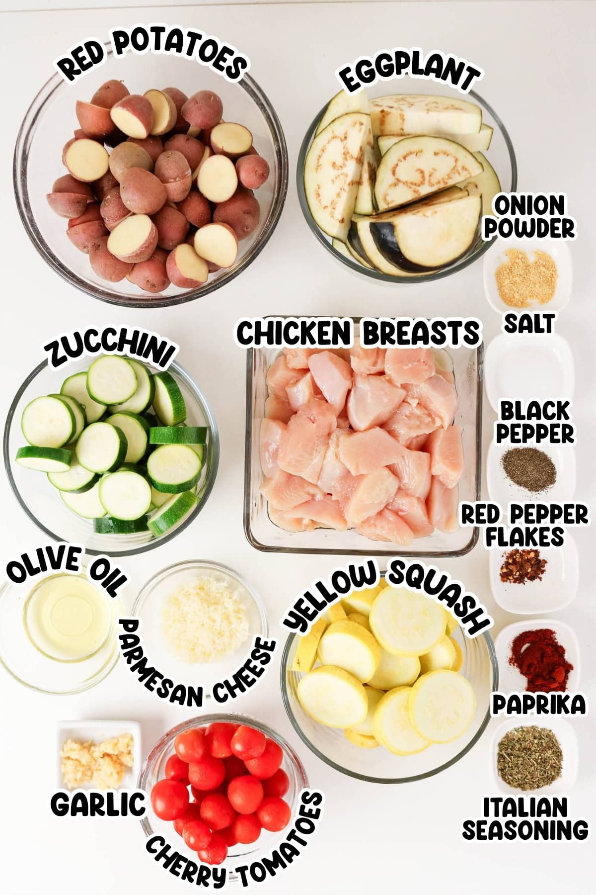 Red potatoes, eggplant, zucchini, squash, chicken, tomatoes, garlic, cheese, oil, spices.