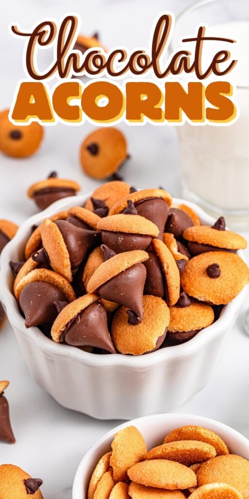 A bowl of chocolate acorn cookies with a glass of milk in the background.